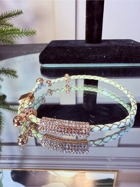 Rhinestone Wrap Braided Leather Bracelet - Mint rose gold-tone hardware
